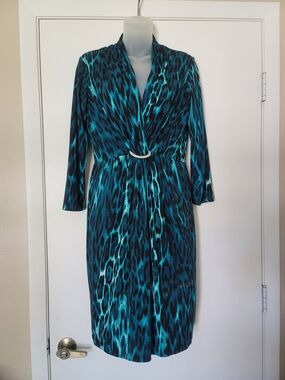 Teal Animal-Print Long Sleeve Dress with Ring Detail